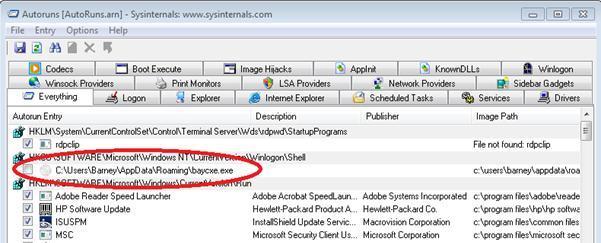 Microsoft Sysinternals Autoruns displaying Windows autostart entries