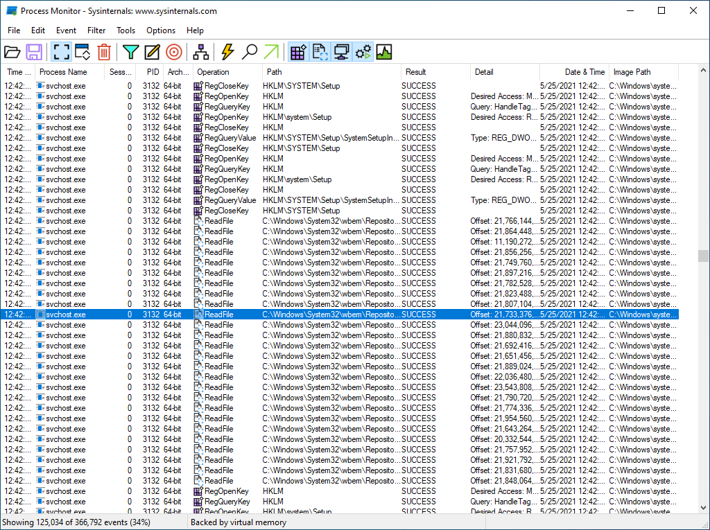 Microsoft Sysinternals Process Monitor displaying registry and filesystem events