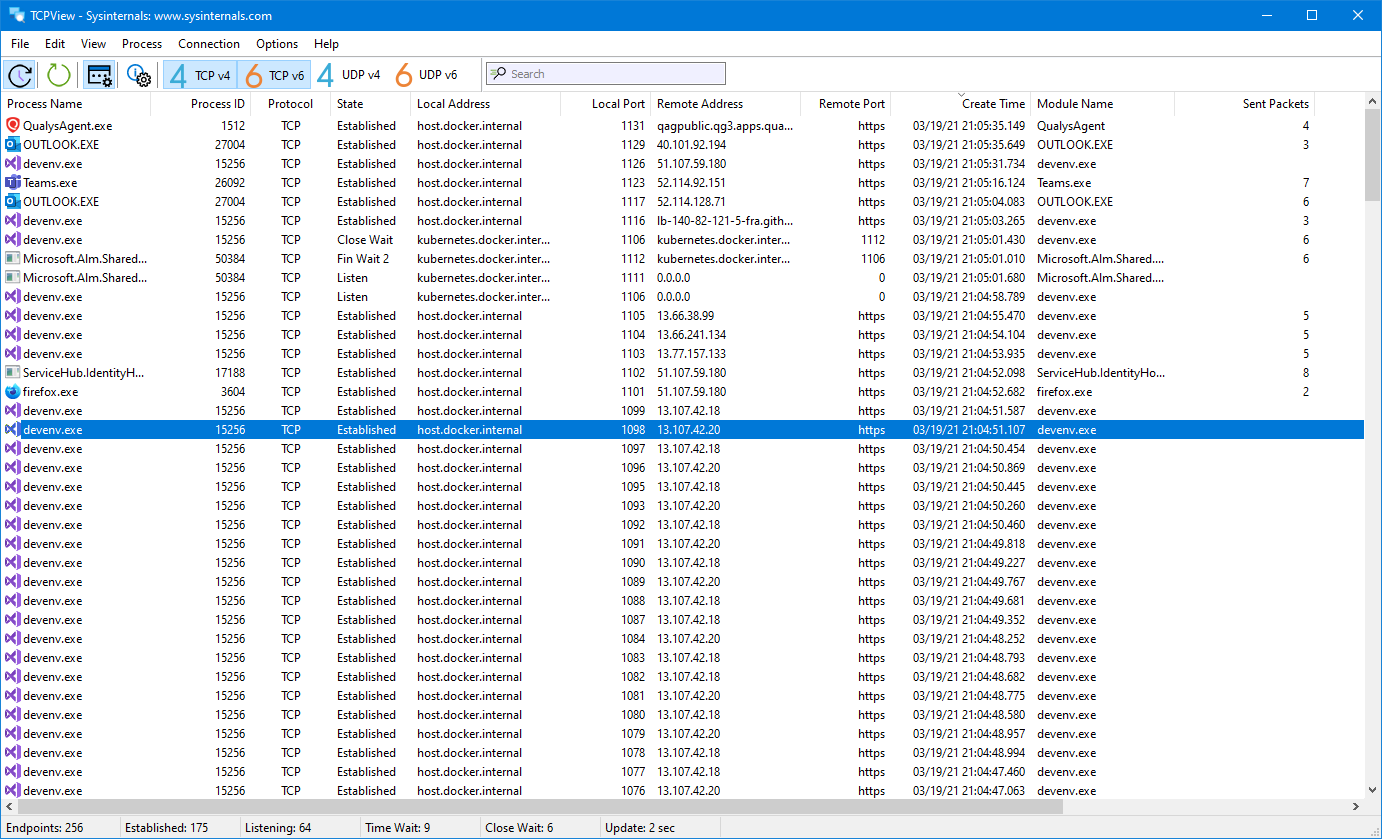 Microsoft Sysinternals TCPView displaying active TCP and UDP endpoints