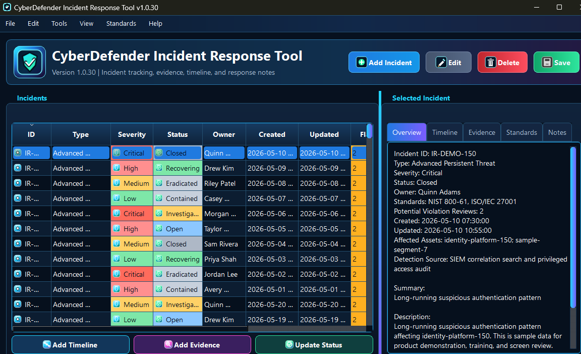 CyberDefender Incident Response Tool showing incident tracking, severity, status, evidence, timeline, standards, and response notes.