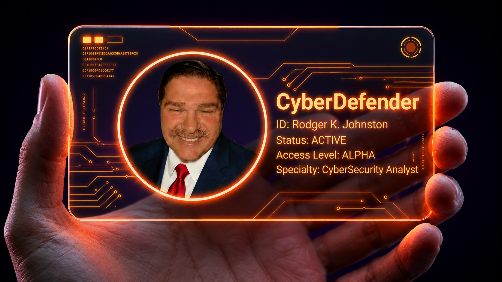 Rodger K. Johnston presented on an illuminated CyberDefender identification card